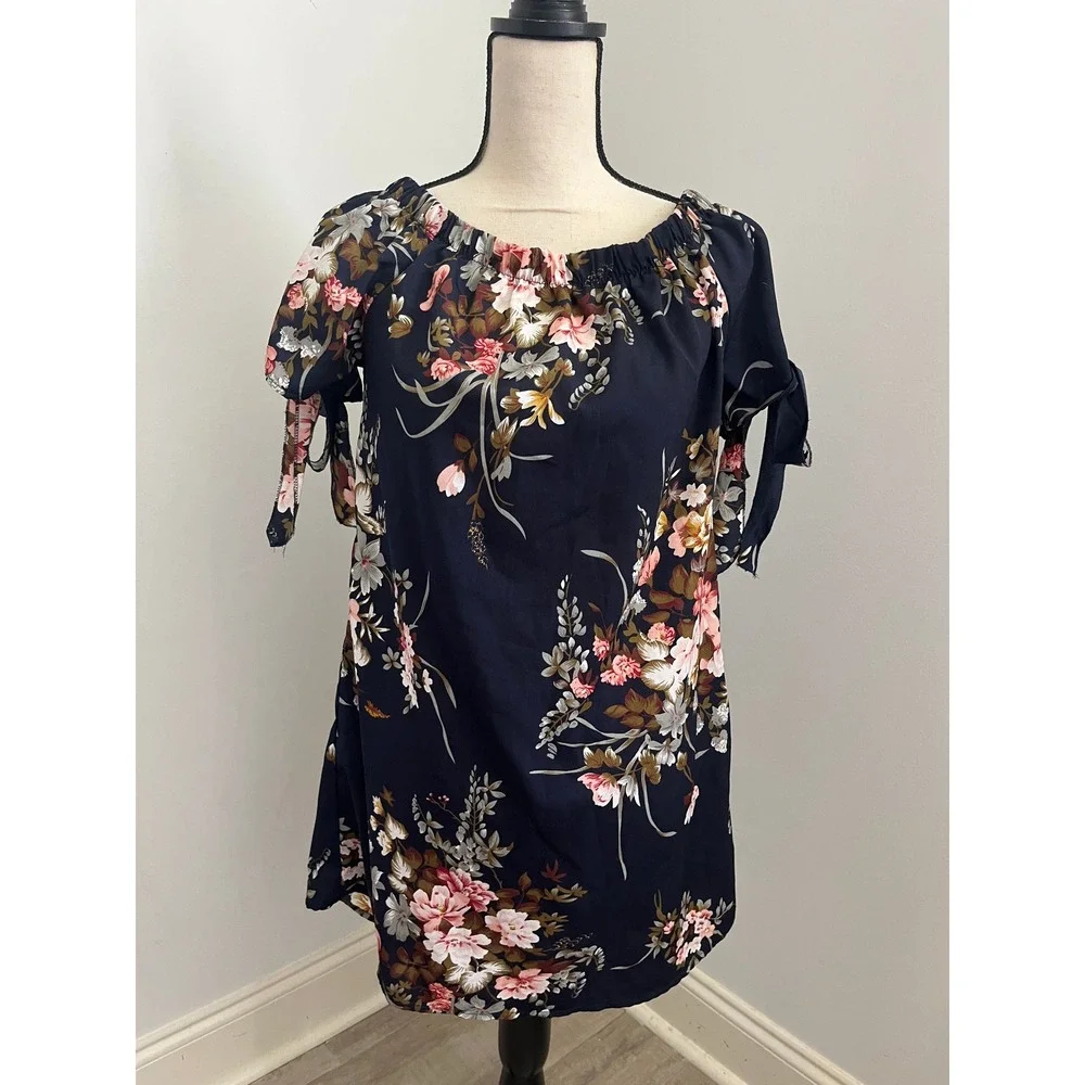 Navy Blue Floral Off the Shoulder Mini Dress Small Tie Sleeve Boho Chic Summer - Picture 2 of 7